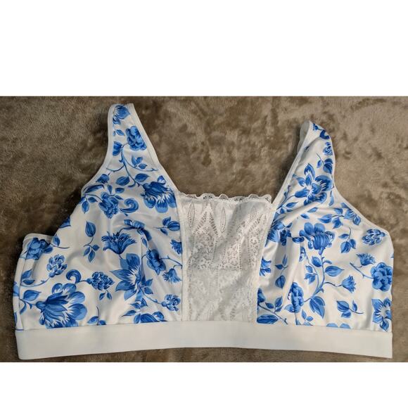 Blue Floral Lace Trim Bralette PLus Size 3XL XXX Lounge Sleep Modesty Lingerie - Picture 1 of 4